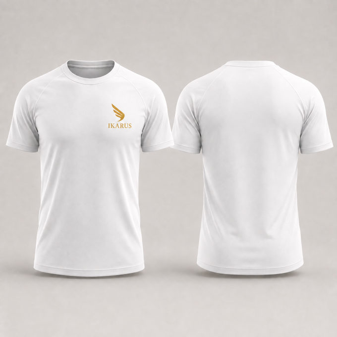 White IKARUS T-shirt, front and back, with a gold wing emblem on the chest